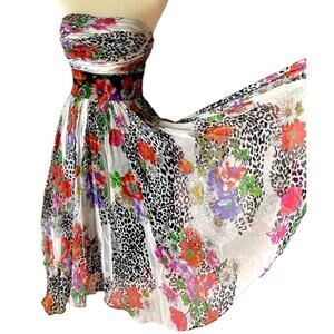 Vtg Ice 100% Silk Y2K Floral Animal Print Babydoll Strapless Dress Women Sz 10